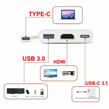 C tipo USB 3.1-USB-C 4K HDMI, USB 3.0 Adapteris Kabelis 3 in 1 