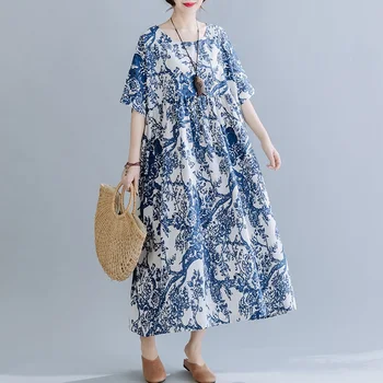 Medvilnės plius dydis vintage porceliano gėlių moterų atsitiktinis palaidų ilgas vasaros suknelė elegantiškas drabužius 2021 ponios suknelės sundress