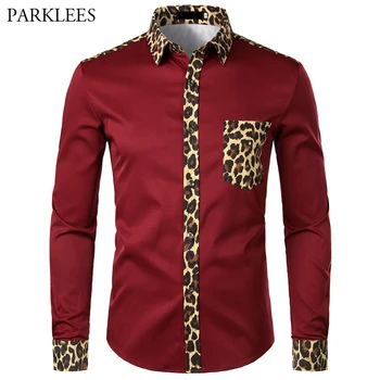 Raudona Marškinėliai Vyrams Leopardas Spausdinti Vyrų Suknelė Marškiniai Prekės ilgomis Rankovėmis Mygtuką Iki Shirt Mens Mados Atsitiktinis Slim Fit Vyrų Drabužiai JAV Dydis