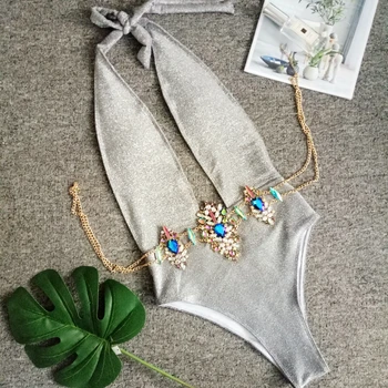 2019 Nauji Aukštos kokybės Seksualus kalnų krištolas maudymosi kostiumėlį Deimantų Grandinėje Moterų Blizga sidabru, Giliai V-kaklo, maudymosi Kostiumėliai, Crystal Bikini komplektas Biquin