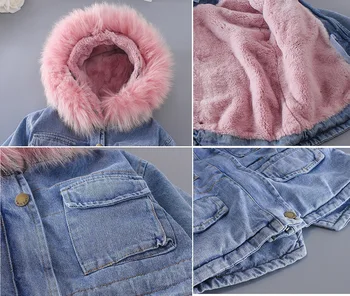 Kūdikių berniukų ir mergaičių žiemos striukės korėjos 2-7 metų amžiaus vaikų sustorėjimas aksomo džinsinio striukė kailio apykakle įžymybė internete
