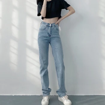 Korėjos Ponios Tiesių Kojų Džinsus Aukšto Juosmens Plauti Slim Vintage Džinsai Baggy Pants Kelnės Balinti Džinsai Moteris Komplektai