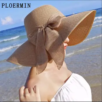 Vasaros Platus Kraštų šiaudines Skrybėles Didelis Saulės, Skrybėlės Moterims UV Apsauga Panama Diskelių Paplūdimys Skrybėlės Ponios Lankas Skrybėlę Chapeau Femme