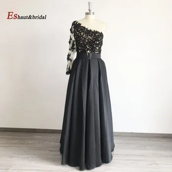 Nėrinių Aplikacijos Karoliukai Pusėje Ritininės vakarinę Suknelę su Kišenėmis 2020 Vieną Petį ilgomis Rankovėmis Black Satin A-line 