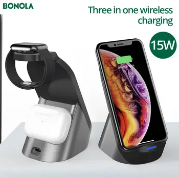 Bonola 3 in 1 belaidis kroviklis Qi15W greito įkrovimo tinka iPhone, 11 Pro SE2/XS/8 iWatch Airpods įkrovimo stoties stovi