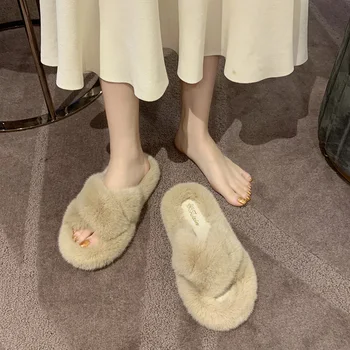 Žiemos Moteris Šlepetė Furry skaidres Paslysti ant Ponios Pūkuotas Šlepetes Moterų Fifo Pliušinis Batai Zapatos De Mujer