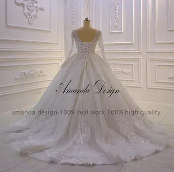 Amanda Dizaino nikah elbisesi Visą Rankovėmis ir Nėrinių Appliqued Kristalų Vestuvinė Suknelė