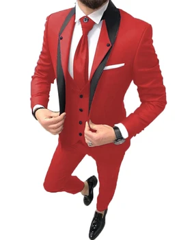 2021 Aukštos Kokybės Slim Fit Vieno Mygtuko Raudona Jaunikis Tuxedos Groomsmen Mens Vestuvių Kostiumai 3 Gabalas Prom Jaunikis (Striukė+Kelnės+Liemenė)