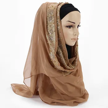Musulmonų moterys hijab šalikas kietas šifono pearl skarelė su deimantu, elegantiška ponia Islamo foulard skaros ir apsiaustas skarų
