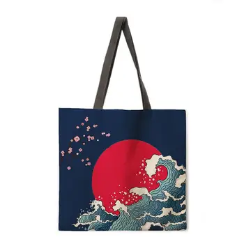 Ukiyo-e spausdinami nešti maišą lininis audinys krepšys atsitiktinis sulankstomas pirkinių krepšys lauko paplūdimio krepšys kasdien rankinėje