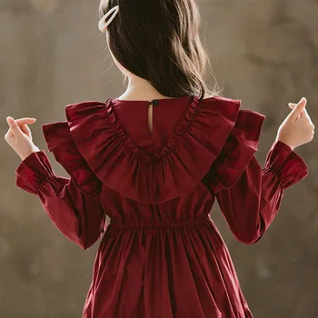 Pavasario ilgomis rankovėmis vintage suknelė mergaitėms 4 6 8 10 12 14 16 metų amžiaus, didelių mergaičių pynimas suknelė vaikams mielas princesė šalies forcks vyno raudona