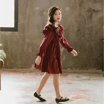 Pavasario ilgomis rankovėmis vintage suknelė mergaitėms 4 6 8 10 12 14 16 metų amžiaus, didelių mergaičių pynimas suknelė vaikams mielas princesė šalies forcks vyno raudona