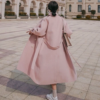 2020 Nauji Vilnoniai Paltai Moterims Fahion Dvigubo Breasted Rožinės spalvos Elegantiškas, Vidutinio ilgio korėjos Prarasti Plius Dydis Outwear Casacos Femininos