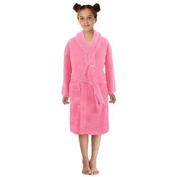 2019 Naujas Mados Berniukai Berniukai Mergaitės Vientisos Spalvos Flanelė Chalatai Vonios Naktį Suknelė Atsitiktinis Ilgomis Rankovėmis Diržo Pižama Sleepwear