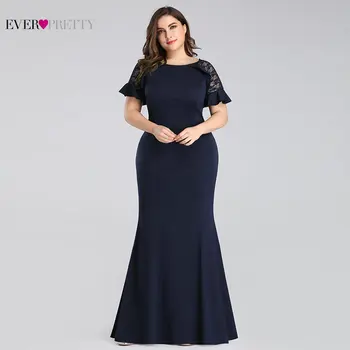 Plus Size Vakaro Suknelės Ilgai 2020 M., Tamsiai Mėlynos Nėrinių Rankovės Undinė Vestuvių Svečių Chalatai Kada nors Gana EZ07768 Elegantiška Vakaro Drabužiai