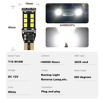 ANMINGPU 2X Signalo Lemputė T15 LED 921 912 15SMD 2835 Žetonų T15 W16W Led 6000k Atsarginės Lengvųjų Automobilių Atbulinės Šviesos Stovėjimo Žibintas Baltas