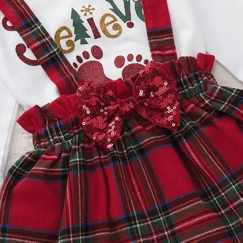 Pudcoco Naujagimių BabyGirl Drabužius Kalėdų Spausdinti ilgomis Rankovėmis Romper Viršūnes Plaids Dirželis Sijonas Lankelis 3Pcs Komplektus Drabužių
