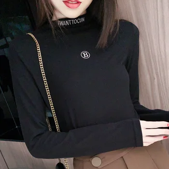 Korėjos Stiliaus Tee Moteris Slim Marškinėlius 2021 M. Pavasario Žiemos Moterims medvilnė Seksuali golfo Marškinėliai ilgomis Rankovėmis Viršūnes Plius dydis