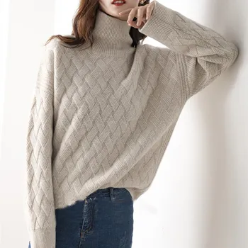 Rudenį ir žiemą naujas kašmyro megztinis moterims aukštu kaklu megztinis prarasti didelio dydžio storas megztinis vilna vidutinio ilgio megztinis