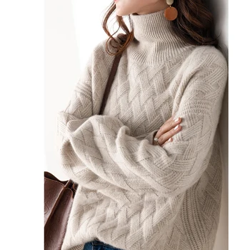 Rudenį ir žiemą naujas kašmyro megztinis moterims aukštu kaklu megztinis prarasti didelio dydžio storas megztinis vilna vidutinio ilgio megztinis