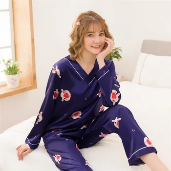 Moterų Pižama Nustato Naujus 2019 M. Rudens Gėlių Spausdinti Mados Prabangių Moterų Dirbtiniais Šilko Dviejų dalių Marškinius, Ilgas Kelnes Sleepwear Rinkinys
