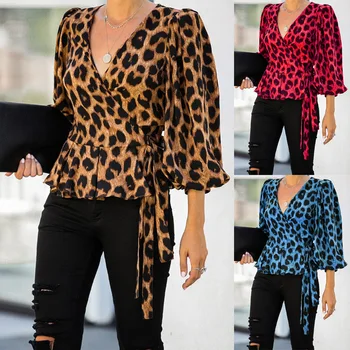 Moteriški Marškinėliai Gilia V-kaklo, ilgomis Rankovėmis Prarasti Leopard Palaidinė Viršūnes Susieta Juostos Marškinėlius Žibintų Rankovėmis Palaidinė Moteriška 2021 M. Rudenį