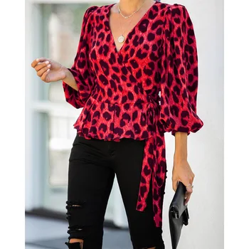 Moteriški Marškinėliai Gilia V-kaklo, ilgomis Rankovėmis Prarasti Leopard Palaidinė Viršūnes Susieta Juostos Marškinėlius Žibintų Rankovėmis Palaidinė Moteriška 2021 M. Rudenį