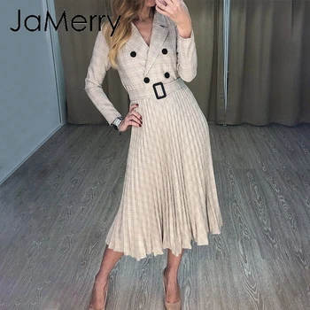 JaMerry Derliaus pledas mygtuką diržas moterų suknelė Elegantiškas švarkas plisuotos-line biuras lady suknelė ilgomis rankovėmis worek dėvėti šalis suknelė