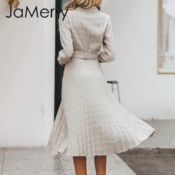 JaMerry Derliaus pledas mygtuką diržas moterų suknelė Elegantiškas švarkas plisuotos-line biuras lady suknelė ilgomis rankovėmis worek dėvėti šalis suknelė