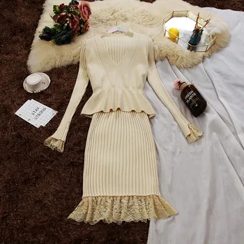 HISUMA pavasario Žiemos Nauja, Moterų Ilgas Rankovėmis Nėrinių Megzti Pasakų Suknelė + V-kaklo ruffles megztinis liemenė tinka moteriška dviejų dalių rinkiniai