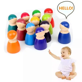 12PCS Montessori Rinkinys, 12 Vaivorykštė Draugais Peg Lėlės Mediniai Apsimesti Žaisti Žmonių Duomenys Kūdikių Žaislų Aplinkos Saugos Dažai