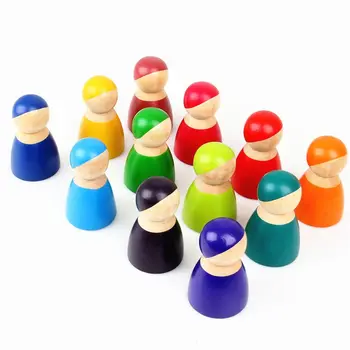 12PCS Montessori Rinkinys, 12 Vaivorykštė Draugais Peg Lėlės Mediniai Apsimesti Žaisti Žmonių Duomenys Kūdikių Žaislų Aplinkos Saugos Dažai