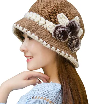 Žiemą Šilti Vilnoniai Megzti Skrybėlę Skrybėlių Mada Moterims Lady Žiemą Šiltas Nėrimo Megztos Gėlės Puošia Ausis Skrybėlę