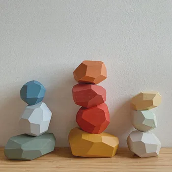 Vaikų Medinis Spalvotas Akmuo Jenga Kūrimo Bloką Kūrybos Šiaurės Stiliaus Krovimas Žaidimas Vaivorykštė Mediniai Švietimo Žaislas