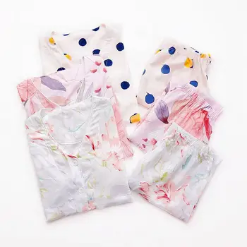 2020 metų Vasaros Naują Ponios V-Kaklo Megztinis+Kelnės Pižama Nustatyti Spausdinami Moterų Komfortą Sleepwear Minkštas Plonas Homewear Su Krūtinės mygtukai