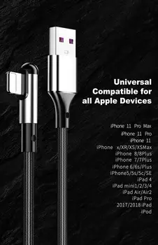 IKOLE Dešinysis Kampas 90 Laipsnių Žaidimas 3A Max USB Kabelis iPhone 12 11 Pro Max Xs 7 8 Greito Įkrovimo Žaibo Nailono ir Aliuminio Lydinio