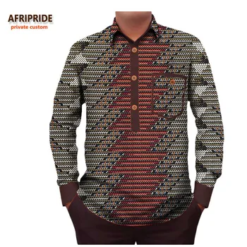 Afrikos ankara printshirt vyrų AFRIPRIDE privačių užsakymą ilgomis rankovėmis įpjovomis apykaklės laisvalaikio vyriški marškinėliai medvilnė, A731203