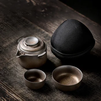 PRIJUOSTĖLĖ Keramikos Retro Aukso Glazūros Nešiojamų Arbatos Rinkinys Japonų Stiliaus Nešiojamų Teaware Rinkiniai Kung Fu Arbatos Rinkinys 1 Puodą 2 Puodeliai