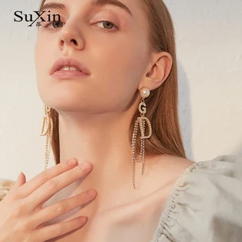 SuXin auskarai 2020 naujas paprastas D raidė kutas temperamentas auskarai moterims, ilgai kristalų pakabukas auskarai papuošalai dovana