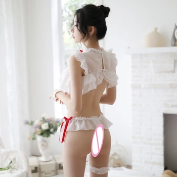 Moterų Šifono Lotus Lapų Nėrinių Lingerie Nustatyti Seksuali Pagunda Apatinis Trikotažas Cosplay Bikini Balta