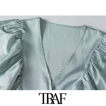 TRAF Moterų Mados Susieta Su Ruffles Įvyniojimas Palaidinės Vintage V Kaklo Moterų Berankovis Marškinėliai Blusas Prašmatnus Viršūnės