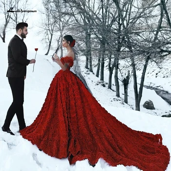 Prabanga Raudonos Nėrinių Foral Vestuvių Suknelės Turkijoje Lakshmigown 2020 Dentelle Mariage Seksualus Vestuvių Suknelė Vestuvių Suknelės Ilgio Traukinys
