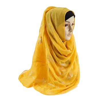 Karšto štampavimo Aukso Lapų Modelio Hijab Šalikas Populiarus Blizgučiai Gėlių Musulmonų Lankelis Galvos Wrap Moterys Islamo Skraiste Turbaną Ilgas Šalikas