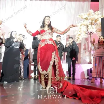 Aukštos Kokybės Raudona Maroko Kaftan Musulmonų Vestuvių Suknelės Pagal Užsakymą Pagaminti Ilgomis Rankovėmis, Kristalai, Karoliukai, Vestuvinės Suknelės Arabų Dubajus Suknelė
