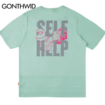 GONTHWID Kūrybos Spausdinti Siuvinėjimas Savarankiškai Padėti trumpomis Rankovėmis Tshirts Streetwear Vyrų Hip-Hop Harajuku Atsitiktinis T Shirts Vyrų Viršūnes Tees