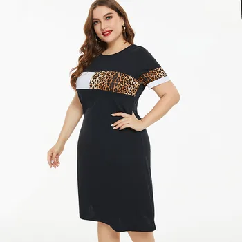 2020 metų Vasaros moterų Plius Dydis-trumpomis rankovėmis T-shirt, suknelė, mados Ponios Atsitiktinis Susiuvimo Leopard suknelės