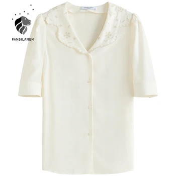 FANSILANEN Siuvinėjimo gėlių balto šifono palaidinė marškinėliai Moterims sluoksniuotos rankovėmis derliaus vasarą viršuje Moterų v-kaklo atsitiktinis marškinėliai, drabužiai