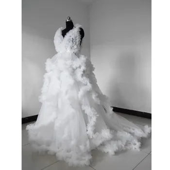 Realus Vaizdas Baltas Tiulis Moterų Motinystės Suknelės Photoshoot 2021 Ruffles Pakopų-Line Nuotakos Suknelė Moterims Oficialią Chalatai