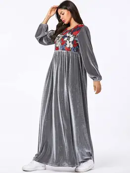 Aksomo Abaja Dubajus Maxi Ilga Suknelė Moterims Musulmonų Siuvinėjimo Plisuotos Kaftan Jilbab Arabų Islamo Skraiste Drabužiai Suknelė Rudenį, Žiemą