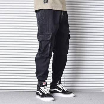 Mados Streetwear Vyrų Džinsai Laisvi, Tinka Multi Kišenės Krovinių Kelnės Aukščiausios Kokybės Japonų Derliaus Dizaineris Hip-Hop Džinsai Vyrams Poilsiu
